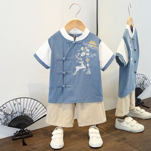 汉服男童夏季短袖中国风唐装薄款复古装礼服儿童夏装套装两件套帅