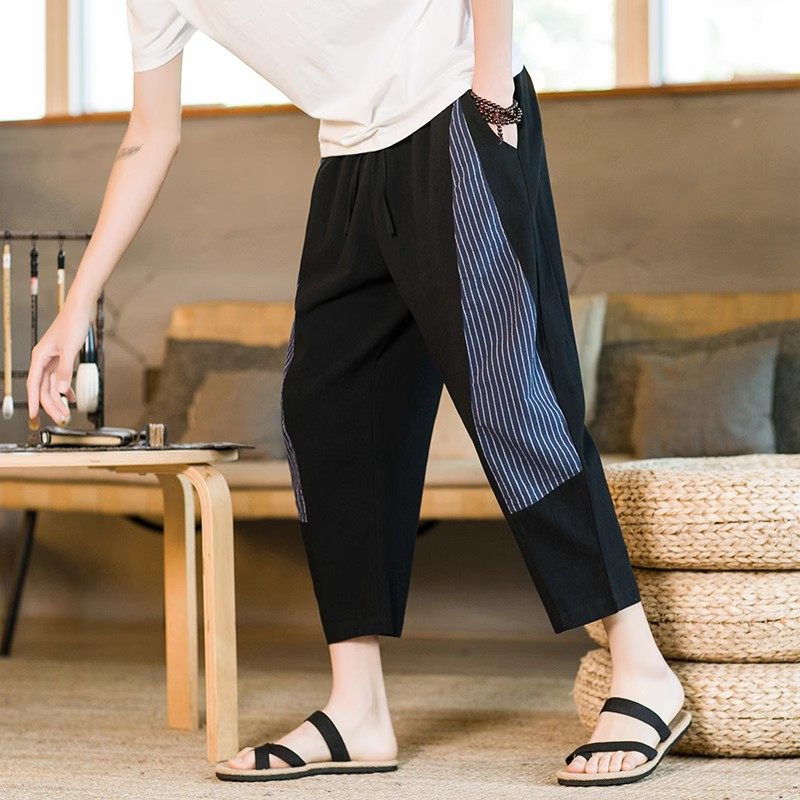 中国风棉麻八分裤男夏季宽松大码薄款拼接潮流条纹九分灯笼萝卜裤,男装,休闲裤,淘宝优惠券,粉丝福利购,淘宝优惠卷