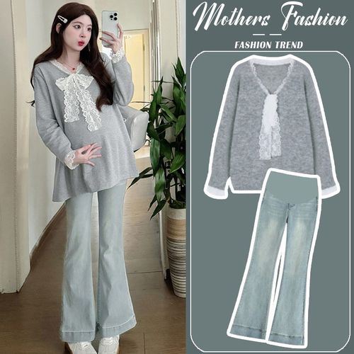 孕妇套装春秋2025新款甜美蕾丝拼接针织浅灰色上衣牛仔裤两件套女