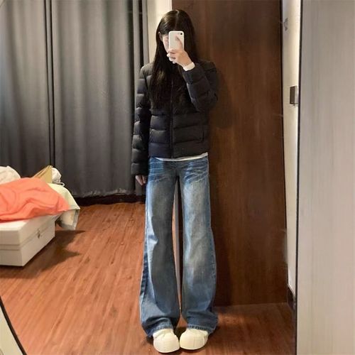 水洗做旧微喇牛仔裤女秋冬新款辣妹低腰显瘦设计遮胯阔腿拖地长裤