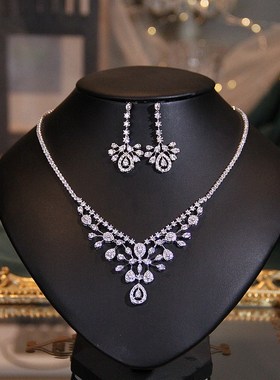 新娘婚纱礼服项链耳环配饰锆石饰品韩式简约结婚首饰高级感首饰