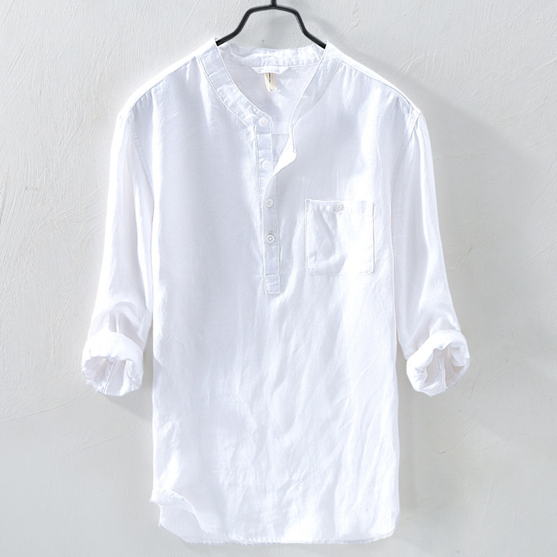 亚麻立领七分袖衬衫男中袖套头宽松文艺复古男装衣服夏季棉麻衬衣,男装,衬衫,淘宝优惠券,粉丝福利购,淘宝优惠卷