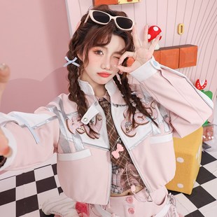 2025春甜酷机车风贴布绣花字母立领短款 粉色PU皮衣外套 皮夹克长袖