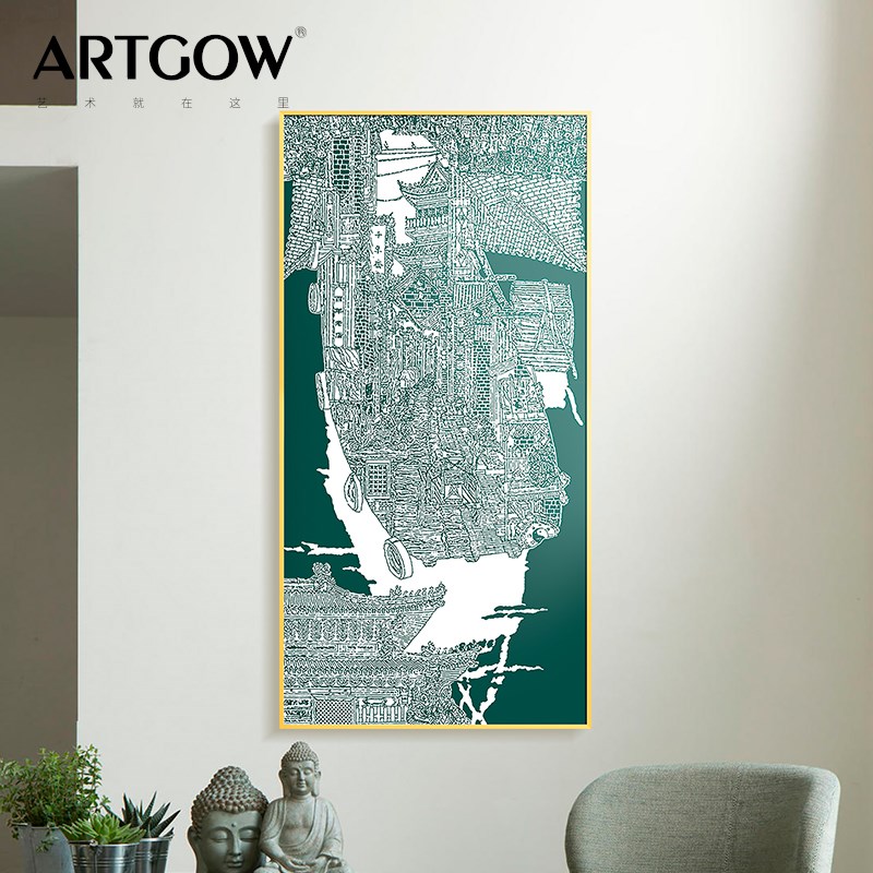 宫殿浮雕肌理实物新中式竖版y装饰画玄关走廊壁画卧室立体建筑挂图片