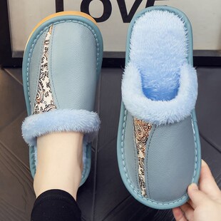 居家全真牛皮防水k加厚毛绒秋冬季棉拖鞋男女士防滑静音底家用保