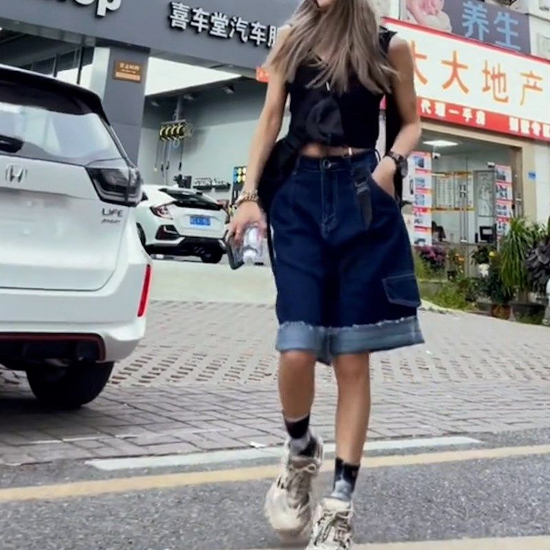 高腰五分牛仔短裤女夏季欧货新款薄款显瘦宽松阔腿卷边a字热裤潮