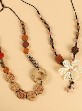 木质手工编织复古毛衣链女民族风长短款花朵项链文艺气质小众配饰