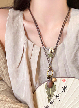 新中式长款羽毛卫衣链女秋冬美拉德复古民族风毛衣链叠戴小众项链
