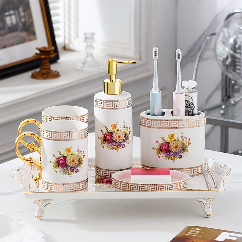 欧式陶瓷卫浴五件套洗漱杯套装高档浴室用品套件刷牙X杯漱口杯家