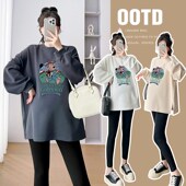 春季 韩版 薄款 2024新款 孕妇装 中长款 卫衣套装 宽松减龄长P袖 卡通上