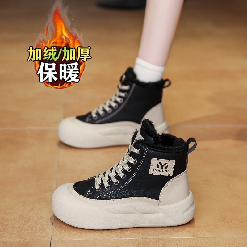 高帮棉鞋女加绒运j动鞋2024新款冬季抗寒雪地靴34码厚底马丁靴短