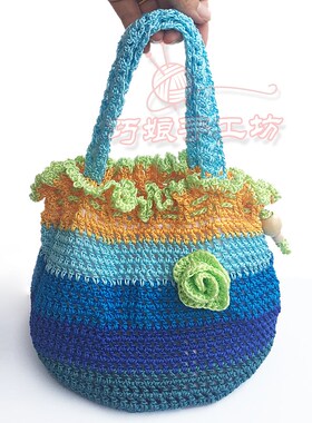 夏季清凉包小清新女单肩包 沙滩包 手工钩蓝色手手提包 编织女包