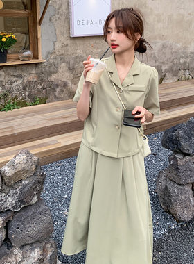 西装衣裙套装女夏2023新款韩版小众法式复古仙女宽松半身裙两件套
