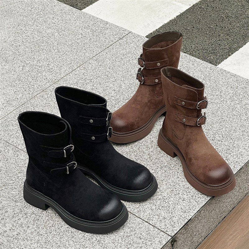 中筒磨砂翻毛皮短靴女2025新款春秋复古做旧西部靴U套筒美拉德靴