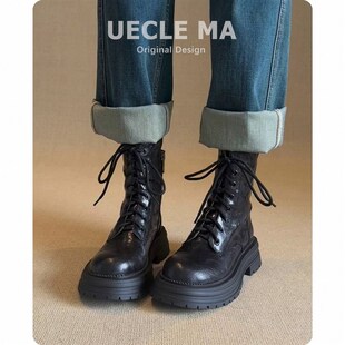 牛皮版~真皮厚底马丁靴女2024秋E冬新款小个子英伦风酷飒系带短靴