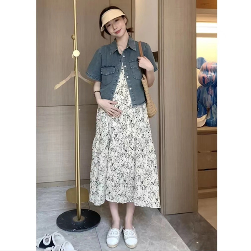 孕妇韩版两件套牛仔遮肚外套宽松休闲遮肚碎花裙宽松夏.季薄款通