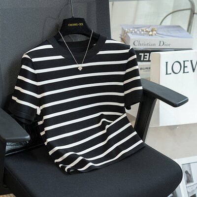 虫小小 经典条纹修身显瘦减龄圆领短袖T恤女短款小个子春夏季982B