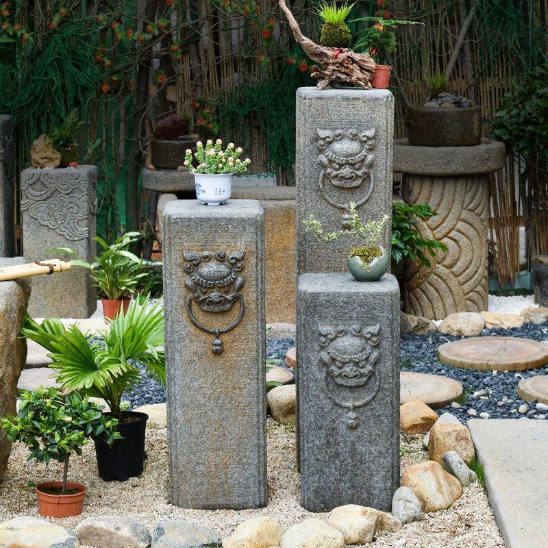 新中式玄关装饰摆件仿石兽首柱底座客厅办公室复古展示台花园盆景