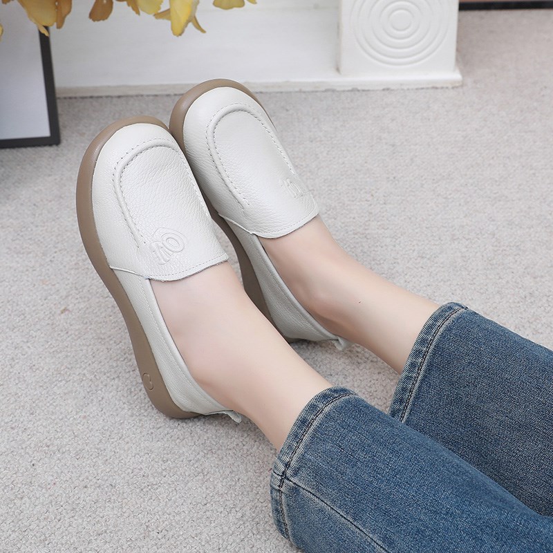 头层牛皮春秋款皮鞋女时s尚软底平底休闲一脚蹬妈妈鞋圆头真皮单