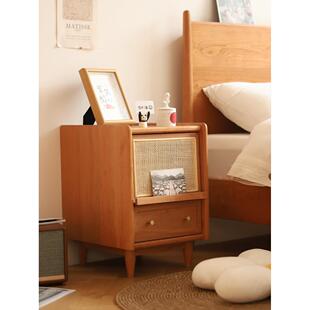 管木匠藤编床头柜实木35cm宽日式樱桃木迷你小型北欧简约置物架