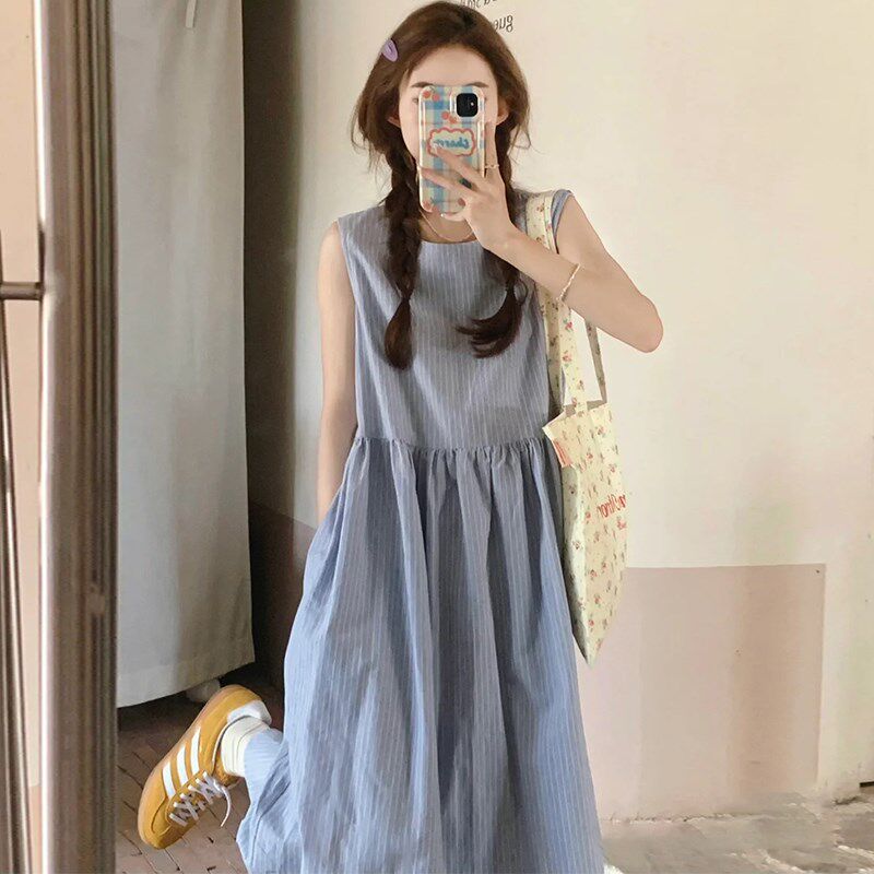 蓝色条纹背心连衣裙女夏季新款z小清新收腰显瘦中长款气质无袖裙
