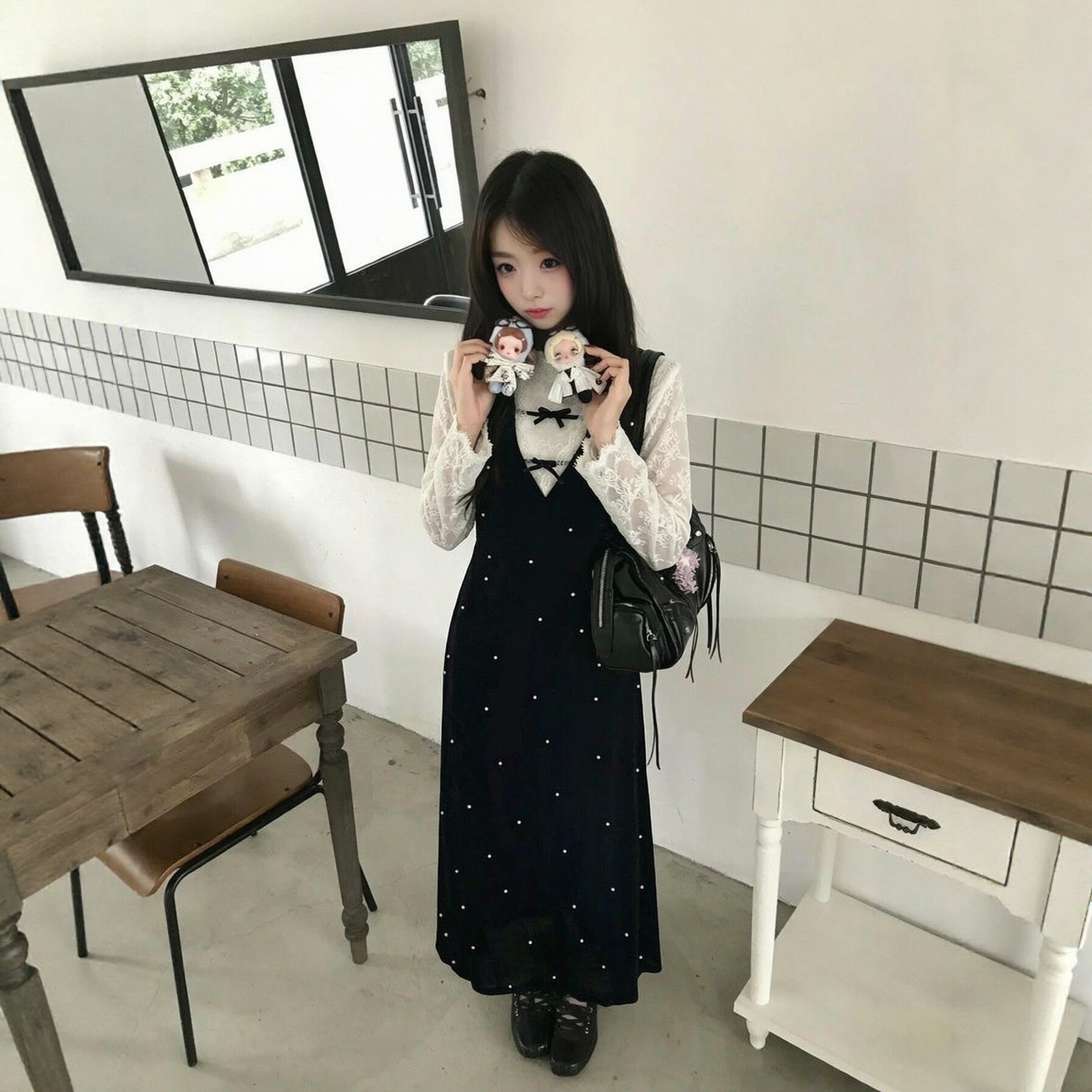 法式复古宫廷风蕾丝珍珠蝴蝶结连衣裙2026秋季收腰显瘦小黑裙套装