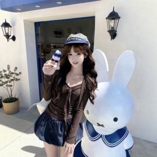 美式甜辣妹蕾丝拼接系带修身显瘦长袖假两件上衣女2026秋季雪纺衫