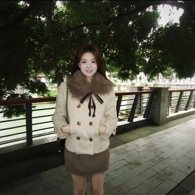 韩系学院风毛领收腰毛呢外套