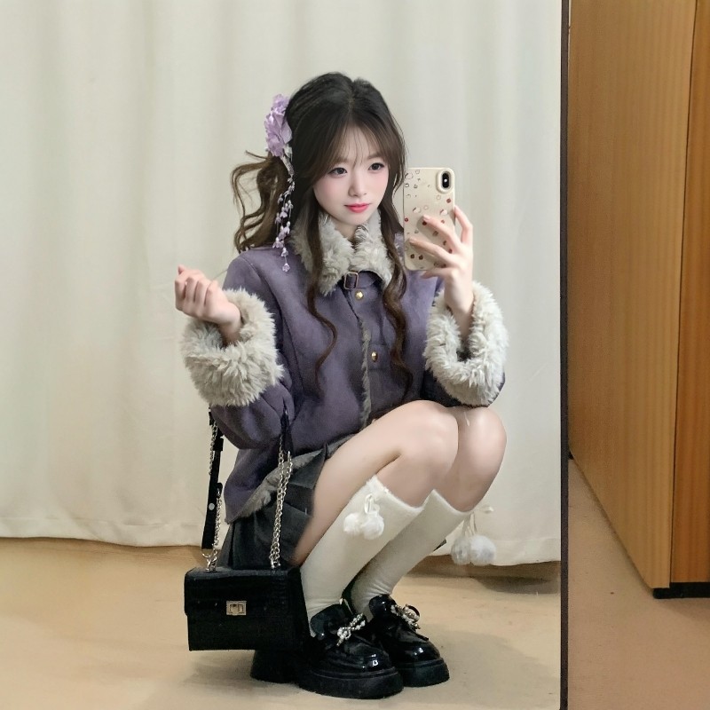 新年麂皮外套女冬季翻领皮毛一体短外套甜美复古风紫色毛茸茸上衣,女装/女士精品,短外套,淘宝优惠券,粉丝福利购,淘宝优惠卷