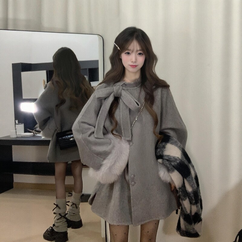 韩版千金风复古灰色毛呢外套女春季蝴蝶结甜美小个子减龄呢子大衣