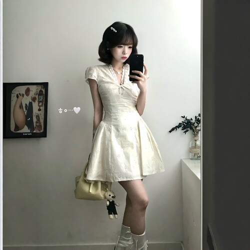 法式甜美V领蕾丝刺绣收腰连衣裙
