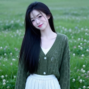 法式绿色镂空V领开衫女春夏季休闲风长袖单排扣宽松针织衫穿搭女