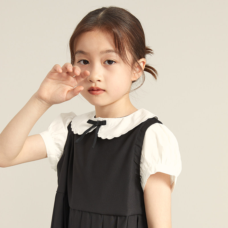 女童夏季连衣裙2024新款儿童假两件衬衫百褶裙短袖JK裙学院风裙子