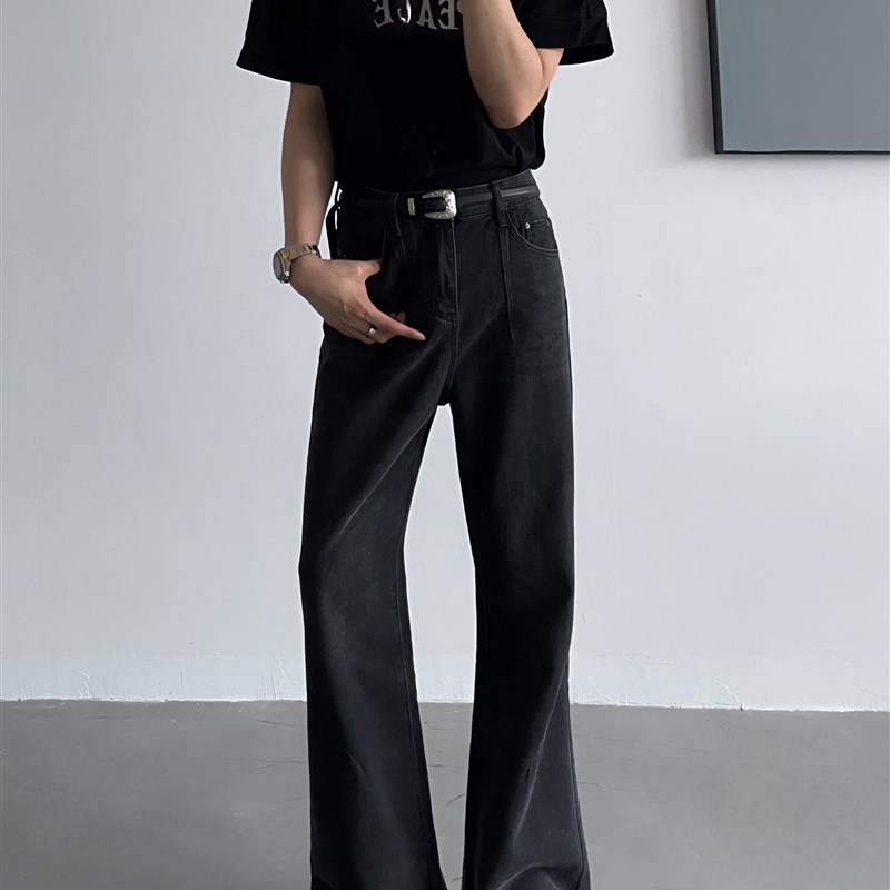 黑沧社/韩国褶皱堆积设计感黑色牛仔裤男高腰直筒高级感微喇叭裤