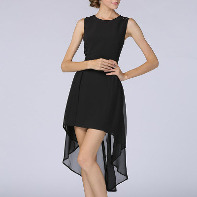 女装无袖背心前短后长a字连衣裙夏雪纺拼接蕾丝燕尾小黑裙宫廷风