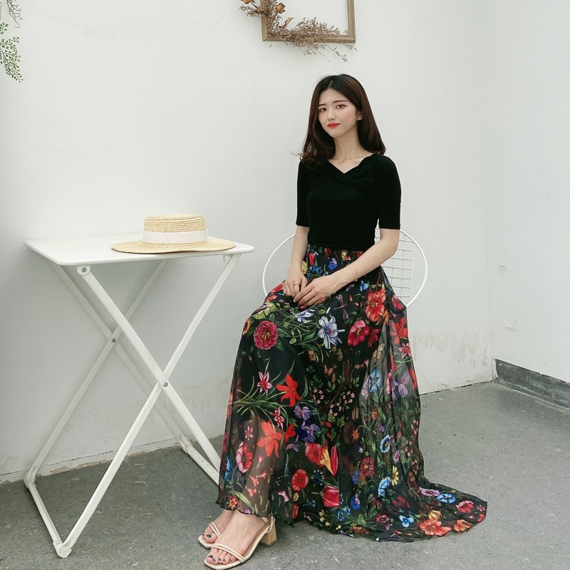 雪纺碎花裙子半身裙夏季新款气质大摆长裙高腰a字裙松紧腰显瘦