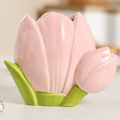 2024新品郁金香花朵化妆刷收纳桶办公室笔筒女生卧室桌面收纳摆件