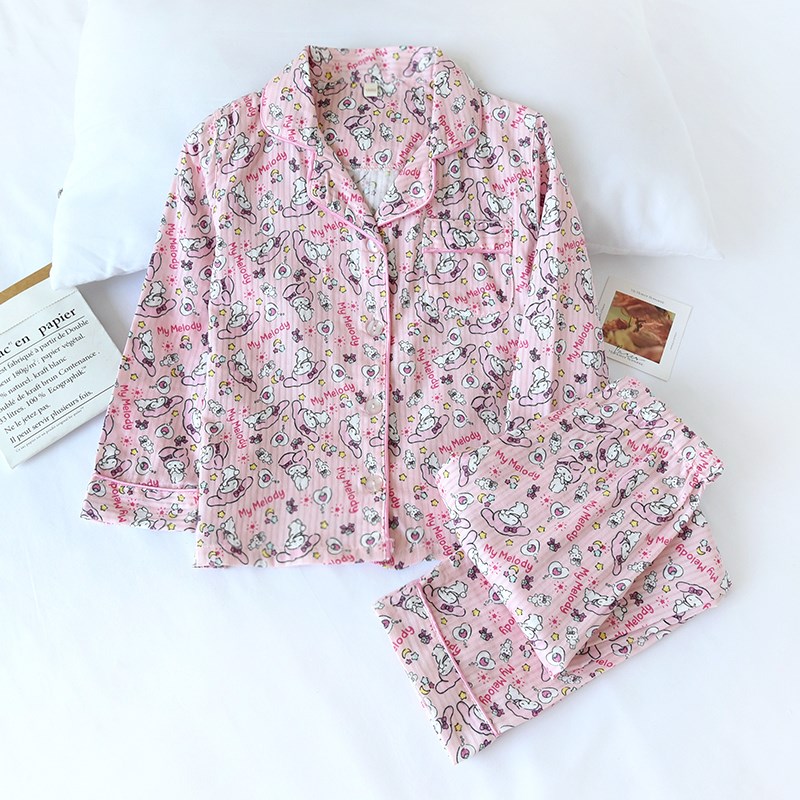 儿童春夏薄纯棉纱布翻领长袖睡衣套女孩家居服卡通可爱小狗空调服