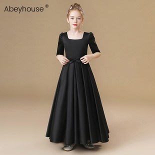 女童黑色钢琴演出服主持服绑带可调节中大童晚礼服儿童乐团演奏服