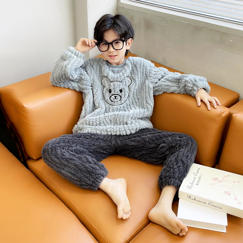 男童珊瑚绒睡衣中大童秋冬季加厚款圆领男孩法兰绒儿童家居服套装