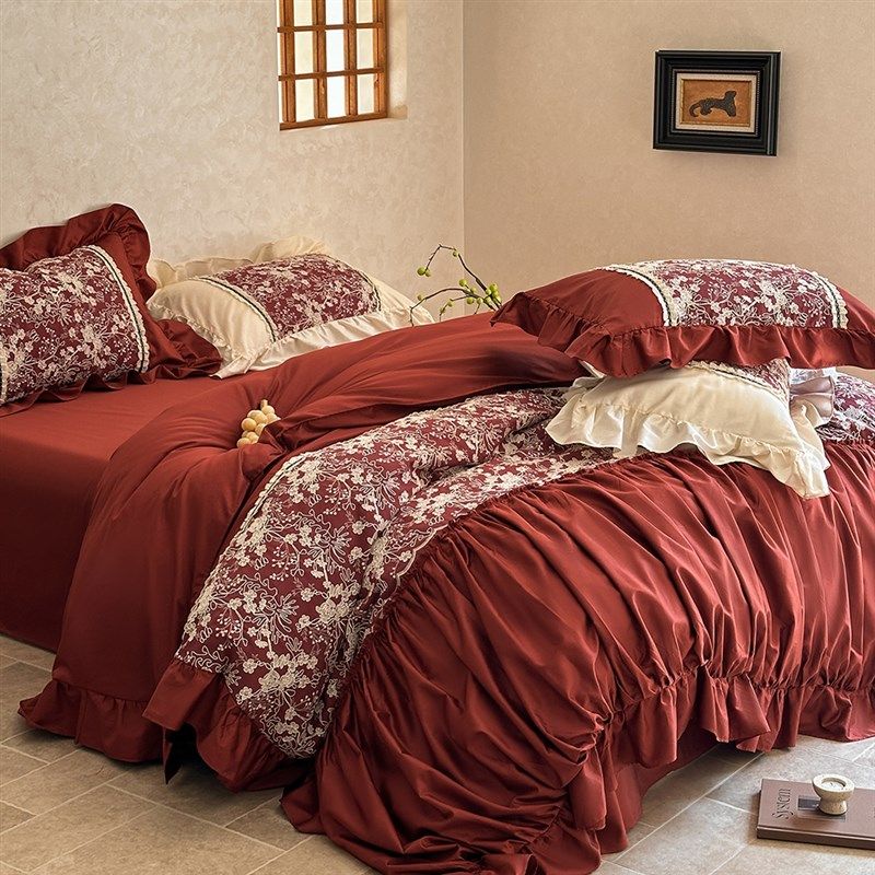 花成蜜就~高档100支全棉红色婚庆四件套提花床上用品大褶皱荷叶边