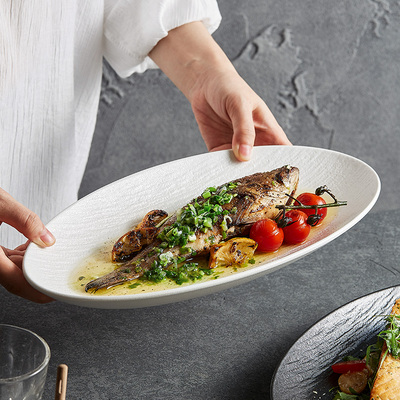 高颜值鱼盘2024新款大号陶瓷家用蒸鱼盘子高级感日式椭圆酒店菜盘