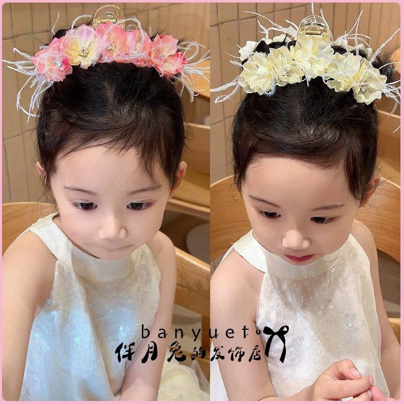 伴月兔儿童古风簪花抓夹羽毛花环仙女童汉服公主头饰发卡2024新款