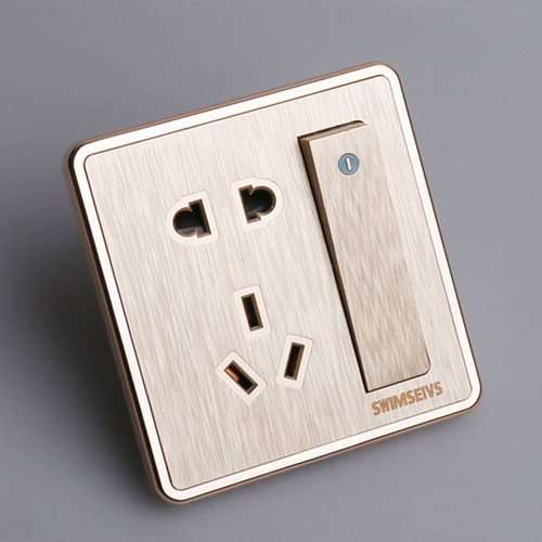 86型墙壁带开关插座金色拉丝一开双控带五孔插座一开五孔双控面板