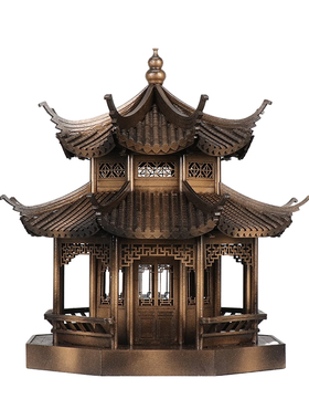 新中式禅意古铜色建筑中国风玄关柜茶桌八角凉亭样板间售楼部摆件