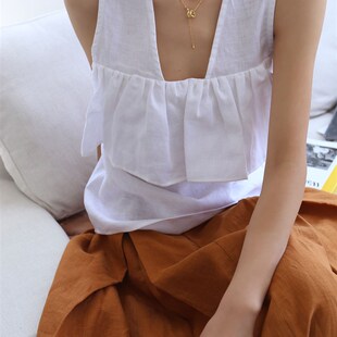 简约设计感慵懒百搭无袖 浪漫荷叶边纯色亚麻背心 上衣 法式 念念