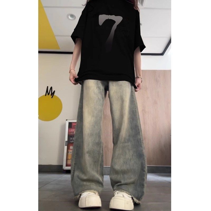 美式阔腿牛仔裤少女夏季新款薄款初中高中学生小个子毛边显瘦裤子图片