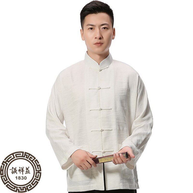 中式唐装亚麻长袖春夏盘扣衬衣复古休闲中年汉服男装打底立领衬衫