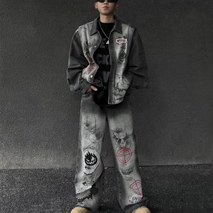 牛 百搭街头直筒拖地牛仔长裤 美式 复古烟灰色牛仔外套男休闲