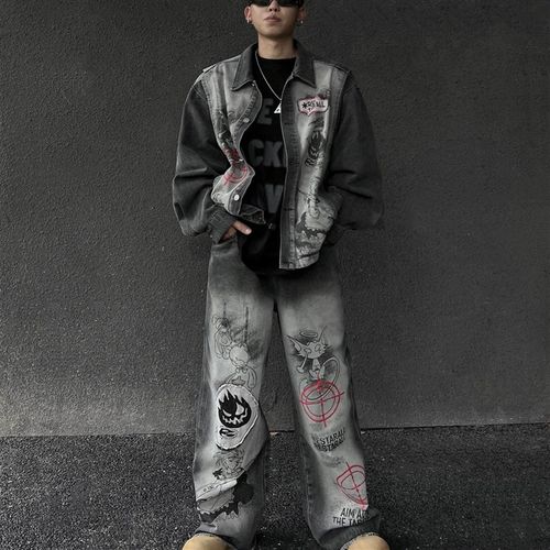 美式复古烟灰色牛仔外套男休闲 百搭街头直筒拖地牛仔长裤牛